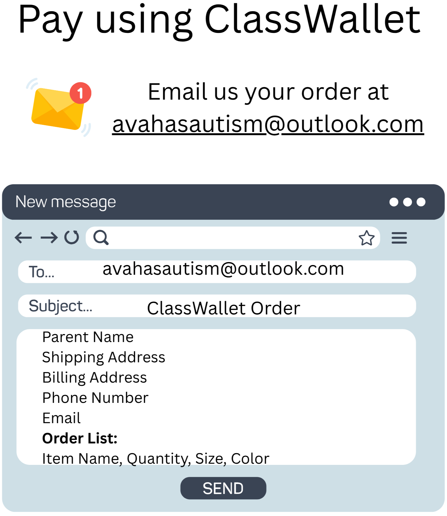 Email interface with ClassWallet order form on a white background