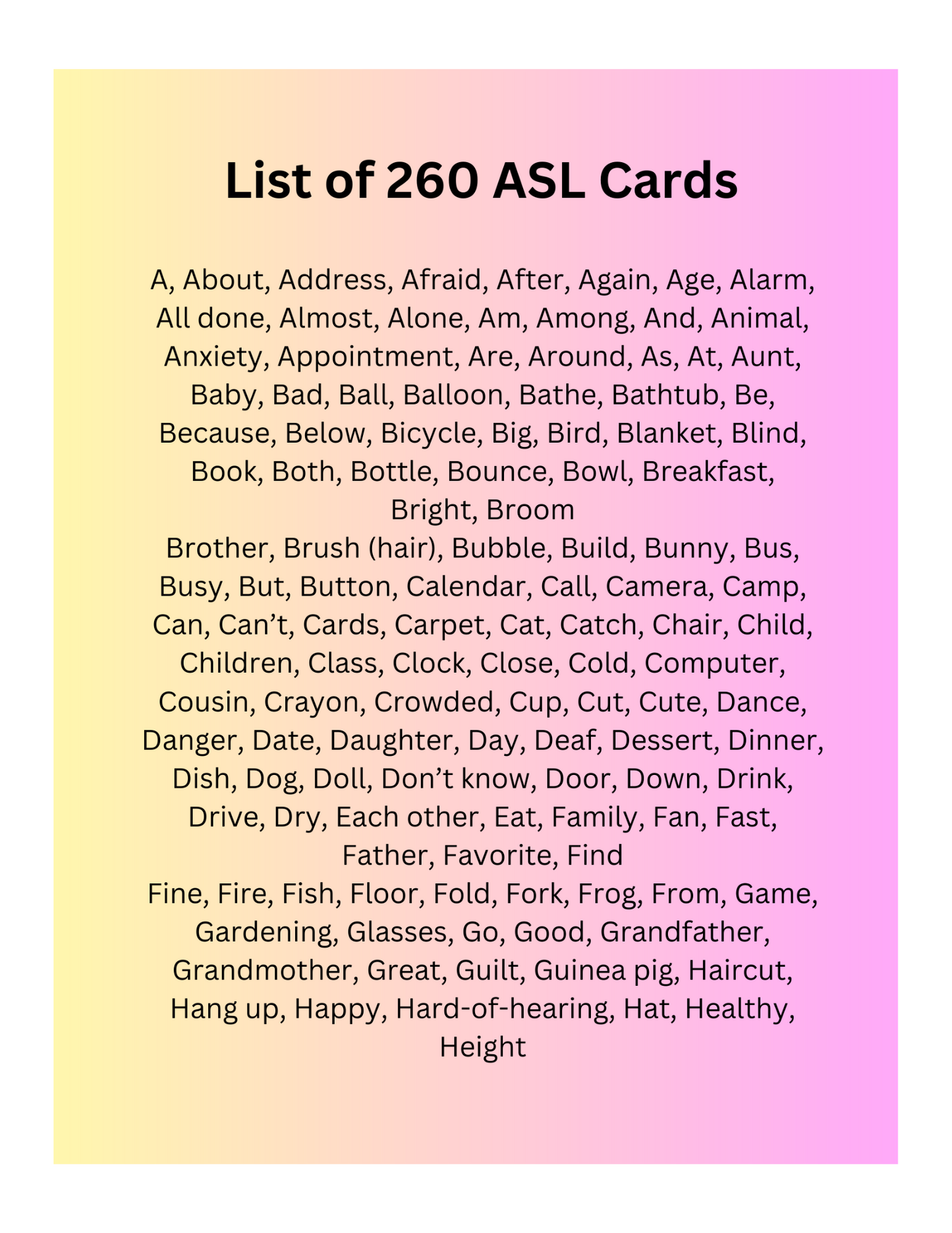 260 American Sign Language Cards from BoardMaker