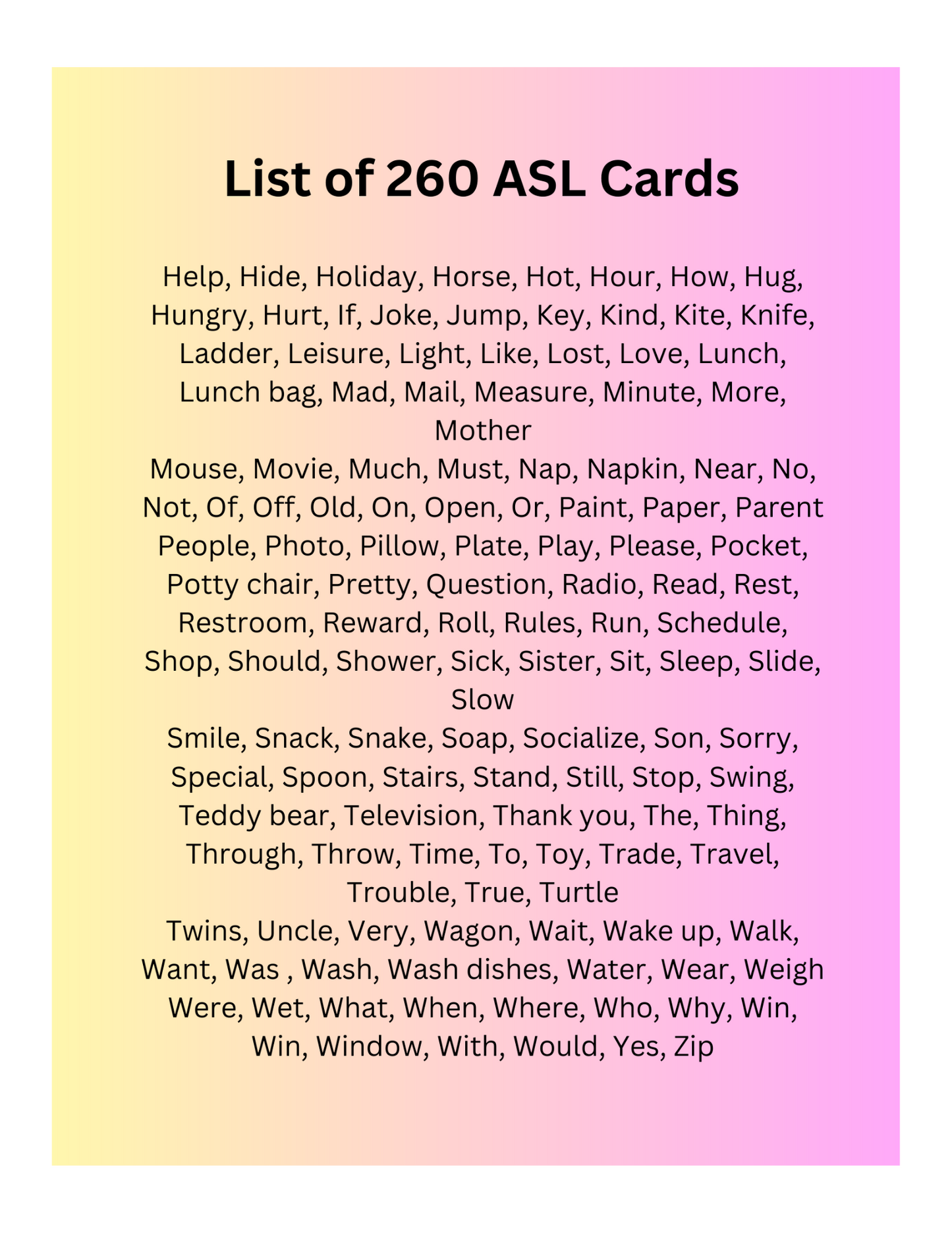 260 American Sign Language Cards from BoardMaker